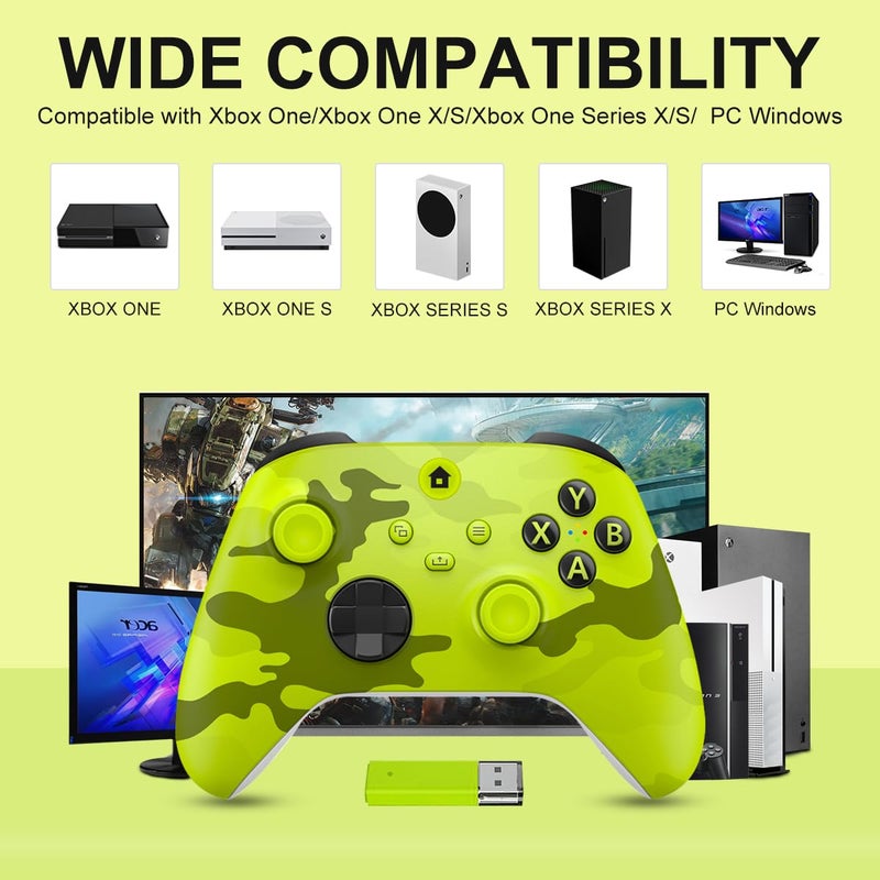 BUERTT Store وحدة تحكم Xbox One، وحدة تحكم Xbox اللاسلكية لجهاز Xbox One، Xbox Series X/S، وحدة تحكم لاسلكية مع مقبس صوت 3.5 مم، مع محول لاسلكي 2.4GHz، كامو أصفر - Image 2